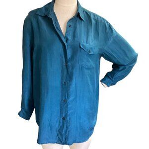 VTG Sterling Collection Silk Button-Up Blouse Sz S Blue #118M